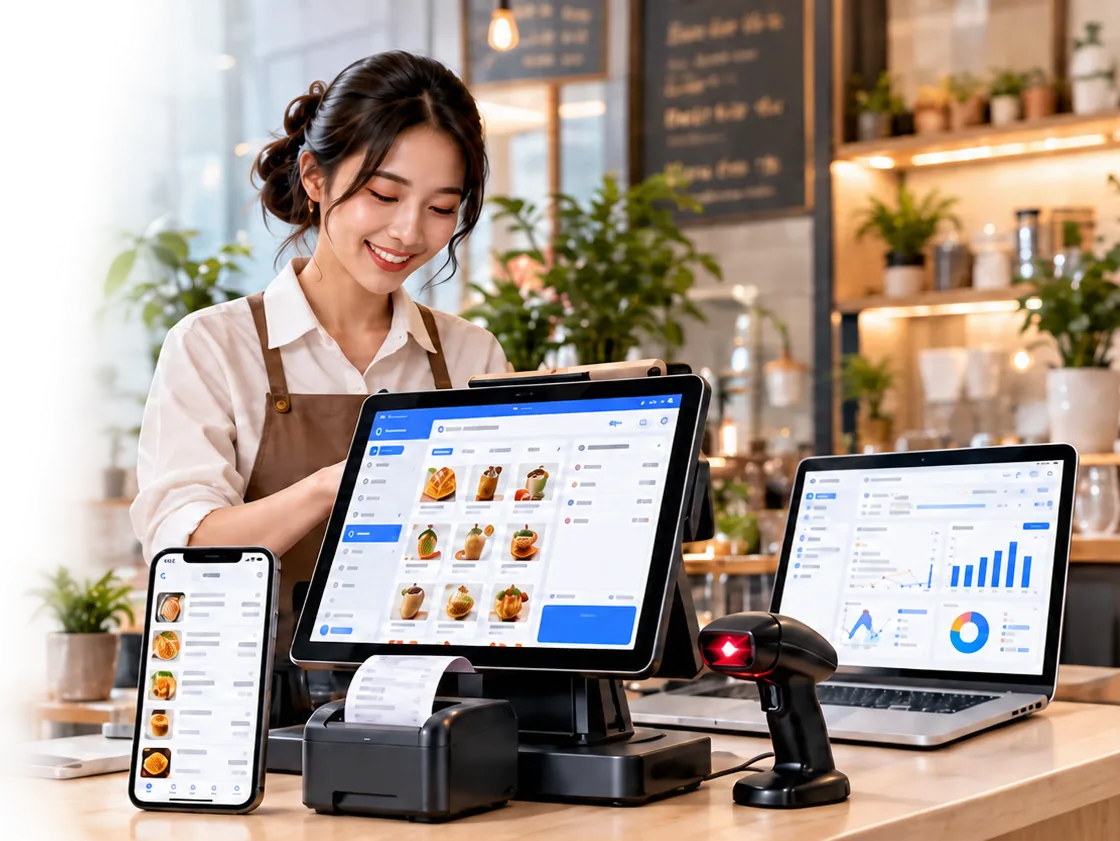 Nhân viên bán hàng dùng máy POS, điện thoại và laptop kết nối cùng một hệ thống